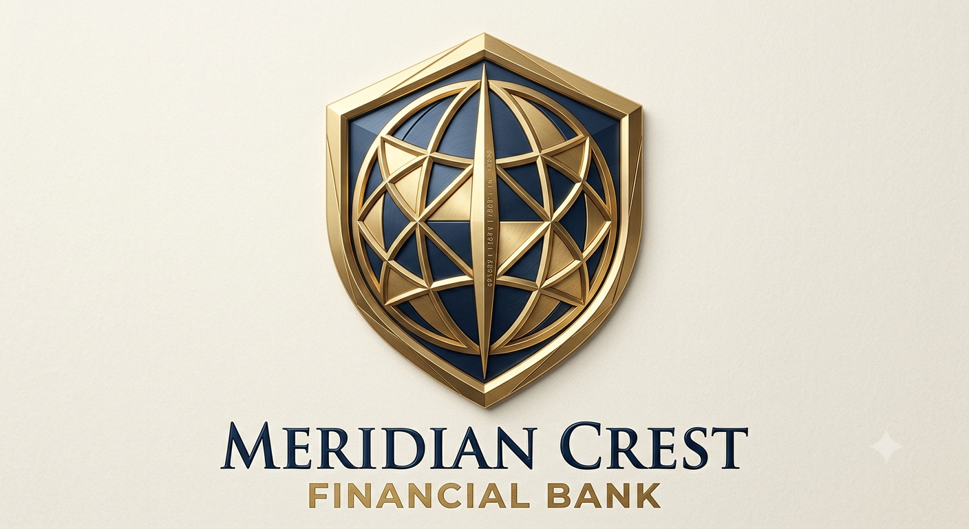 Meridian Crest Financial Bank — gold shield crest with globe motif and wordmark